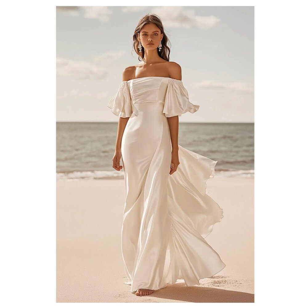 Women's Off Shoulder Satin Wedding Dress - BRAND NEW - Ivory/Off White - Sx 24
